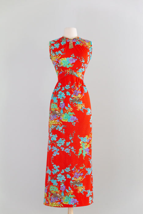 Fabulous 1970's Electric Red Maxi Dress With Asian Inspired Floral Print / SM