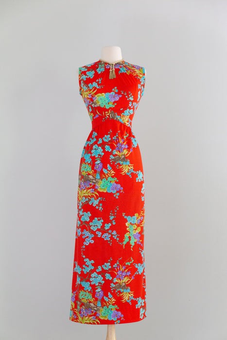 Fabulous 1970's Electric Red Maxi Dress With Asian Inspired Floral Print / SM