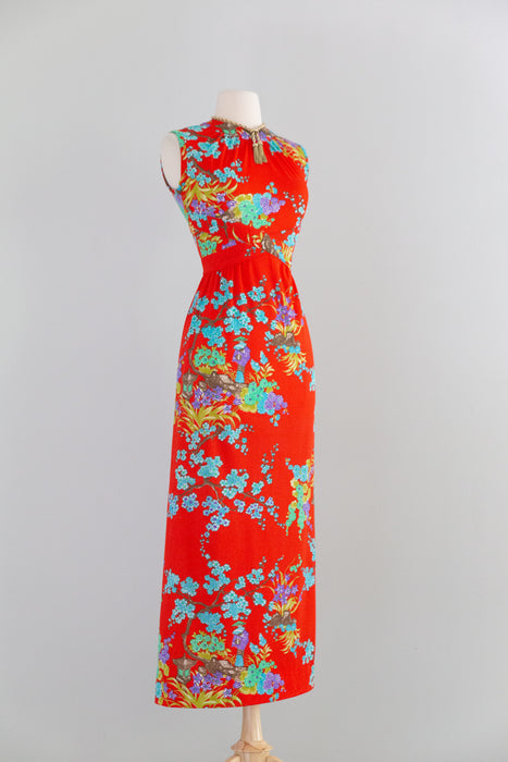 Fabulous 1970's Electric Red Maxi Dress With Asian Inspired Floral Print / SM