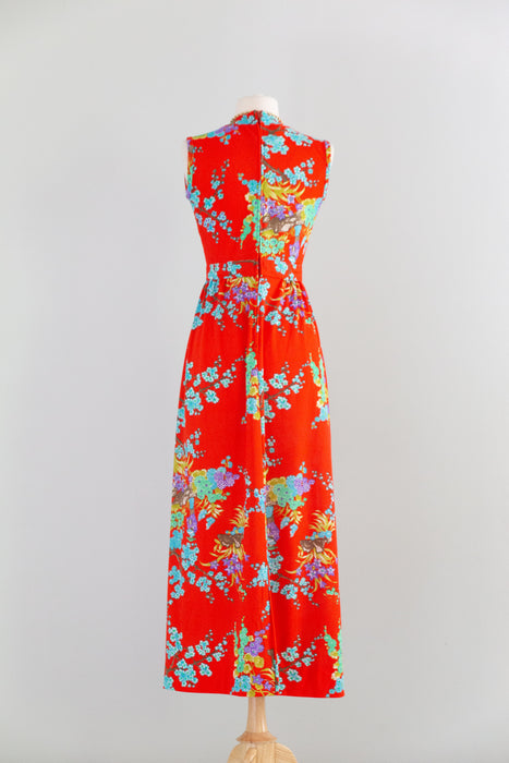 Fabulous 1970's Electric Red Maxi Dress With Asian Inspired Floral Print / SM