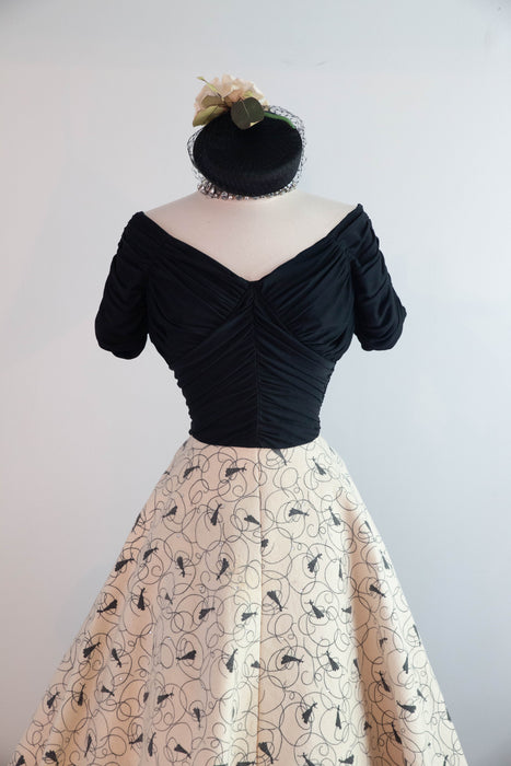Iconic 1950's Claudia Young Cocktail Dress With Novelty Print Felt Skirt & Draped Bodice / Small