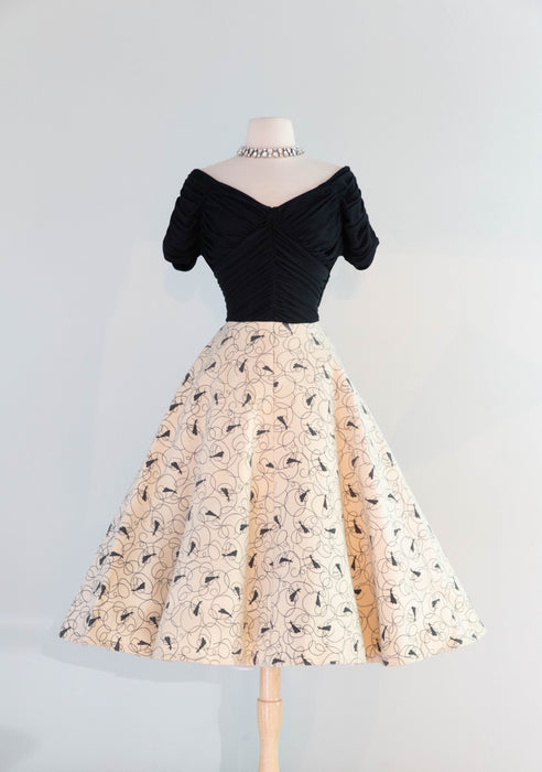 Iconic 1950's Claudia Young Cocktail Dress With Novelty Print Felt Skirt & Draped Bodice / Small