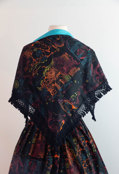 Rare 1950's "ILIAD" Novelty Print Cotton Strapless Sun Dress With Matching Shawl By Saba / SM