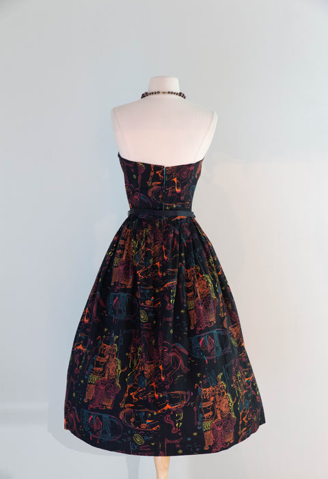 Rare 1950's "ILIAD" Novelty Print Cotton Strapless Sun Dress With Matching Shawl By Saba / SM