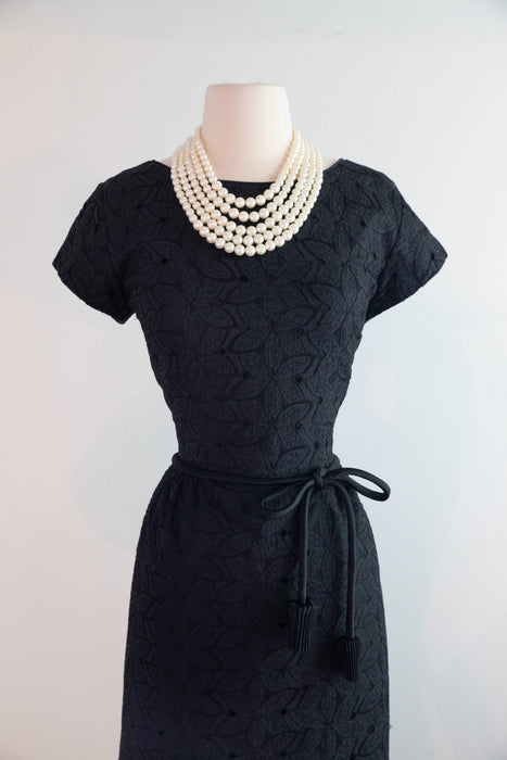 Classic Late 1950's Black Cotton Eyelet Cocktail Dress With Darling Flower Bud Sash / ML
