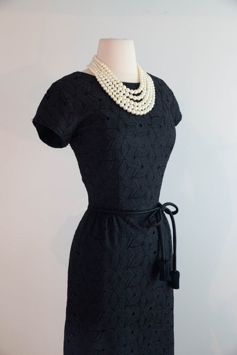 Classic Late 1950's Black Cotton Eyelet Cocktail Dress With Darling Flower Bud Sash / ML