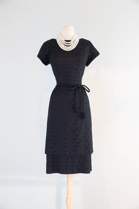 Classic Late 1950's Black Cotton Eyelet Cocktail Dress With Darling Flower Bud Sash / ML