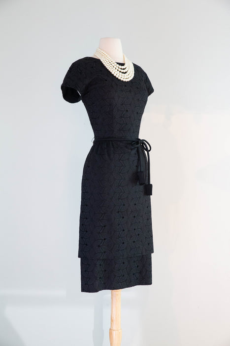 Classic Late 1950's Black Cotton Eyelet Cocktail Dress With Darling Flower Bud Sash / ML