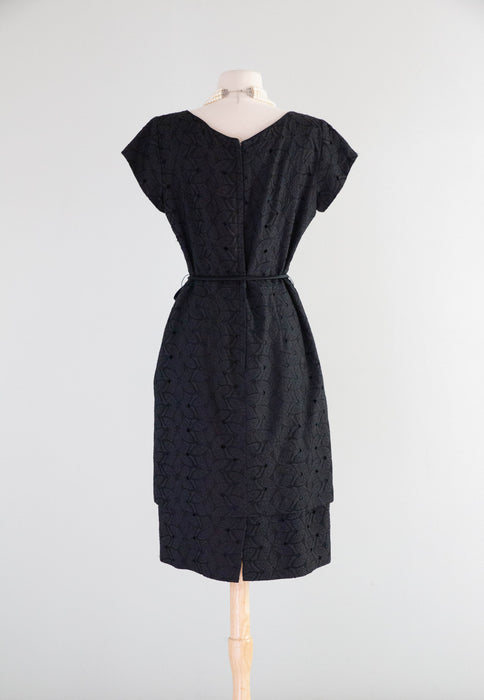 Classic Late 1950's Black Cotton Eyelet Cocktail Dress With Darling Flower Bud Sash / ML