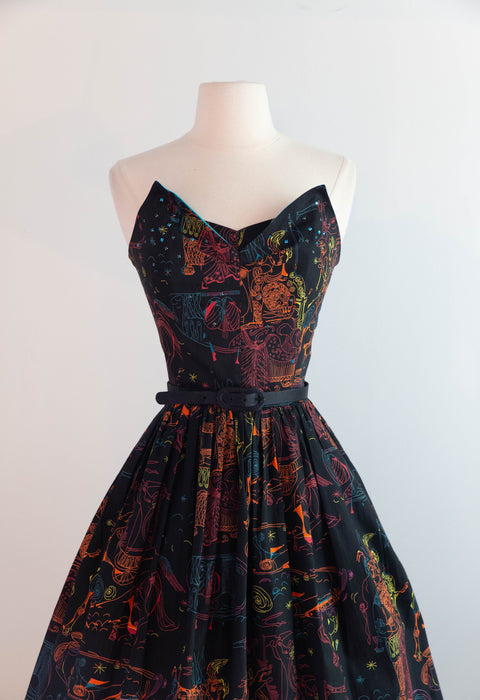 Rare 1950's "ILIAD" Novelty Print Cotton Strapless Sun Dress With Matching Shawl By Saba / SM