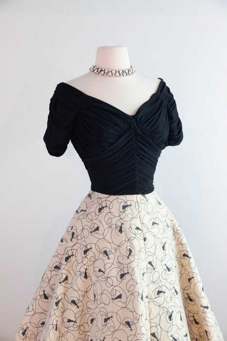 Iconic 1950's Claudia Young Cocktail Dress With Novelty Print Felt Skirt & Draped Bodice / Small