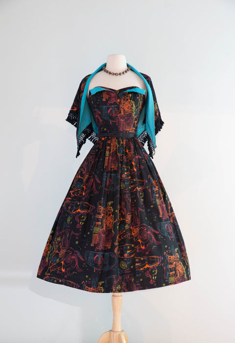 Rare 1950's "ILIAD" Novelty Print Cotton Strapless Sun Dress With Matching Shawl By Saba / SM