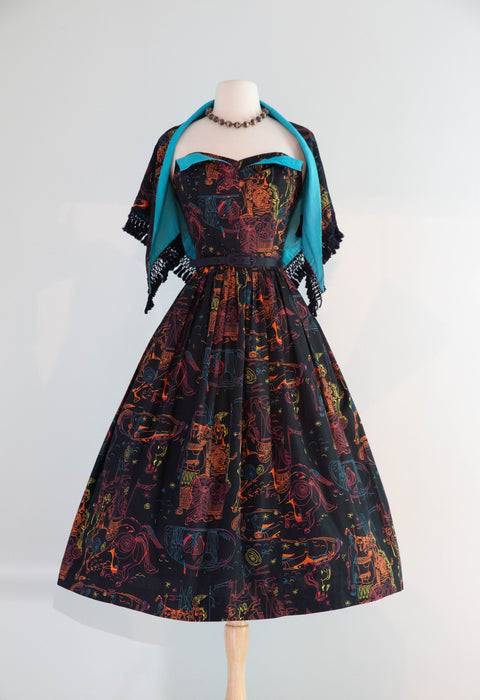 Rare 1950's "ILIAD" Novelty Print Cotton Strapless Sun Dress With Matching Shawl By Saba / SM
