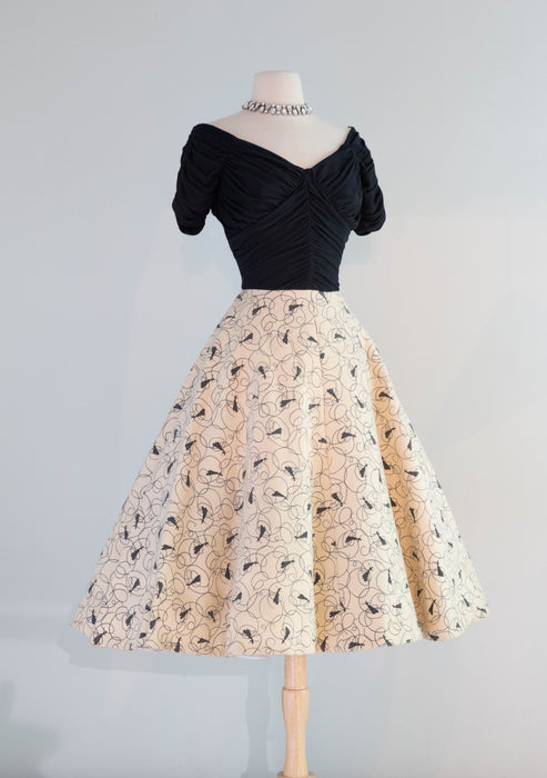 Iconic 1950's Claudia Young Cocktail Dress With Novelty Print Felt Skirt & Draped Bodice / Small