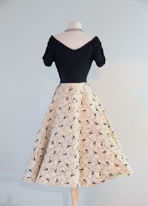 Iconic 1950's Claudia Young Cocktail Dress With Novelty Print Felt Skirt & Draped Bodice / Small