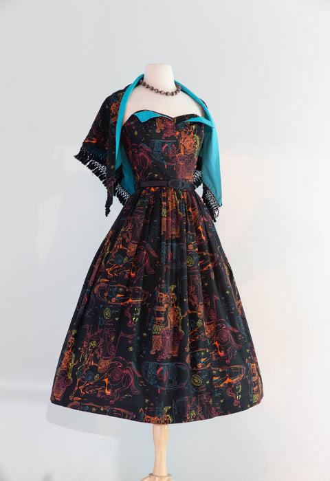 Rare 1950's "ILIAD" Novelty Print Cotton Strapless Sun Dress With Matching Shawl By Saba / SM