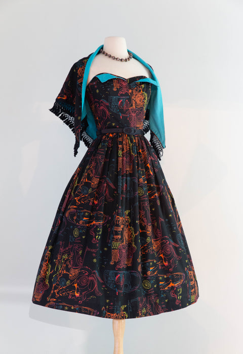 Rare 1950's "ILIAD" Novelty Print Cotton Strapless Sun Dress With Matching Shawl By Saba / SM