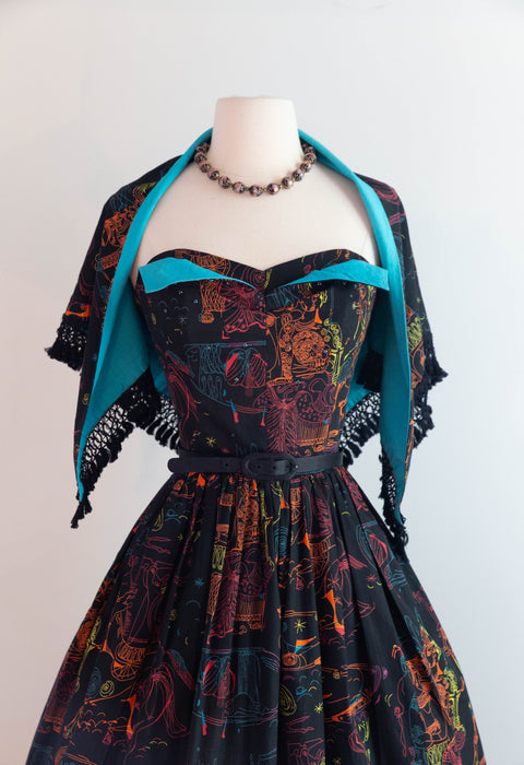 Rare 1950's "ILIAD" Novelty Print Cotton Strapless Sun Dress With Matching Shawl By Saba / SM