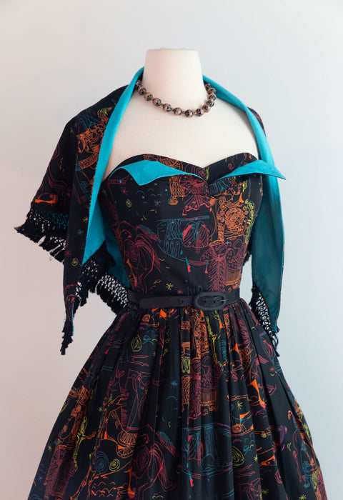 Rare 1950's "ILIAD" Novelty Print Cotton Strapless Sun Dress With Matching Shawl By Saba / SM