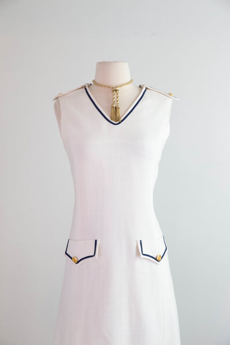 Adorable 1960's White Linen Nautical Shift Dress With Navy Trim / SM
