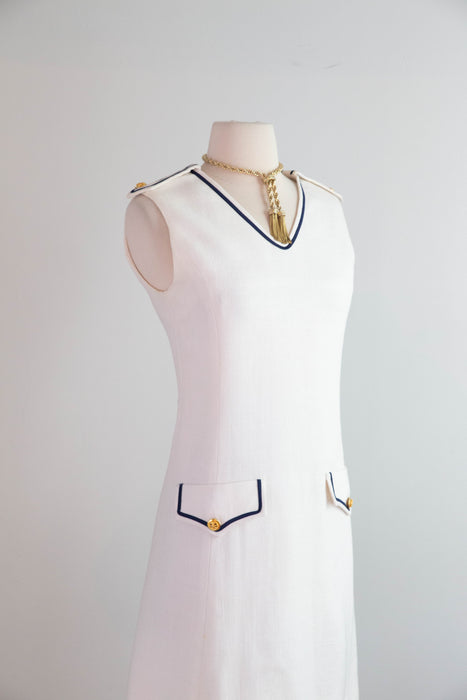 Adorable 1960's White Linen Nautical Shift Dress With Navy Trim / SM