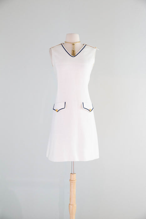 Adorable 1960's White Linen Nautical Shift Dress With Navy Trim / SM