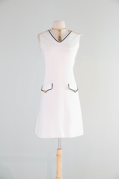 Adorable 1960's White Linen Nautical Shift Dress With Navy Trim / SM