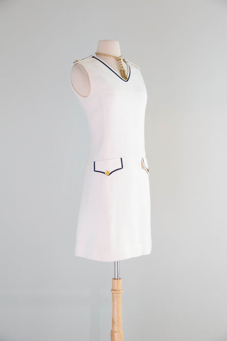Adorable 1960's White Linen Nautical Shift Dress With Navy Trim / SM