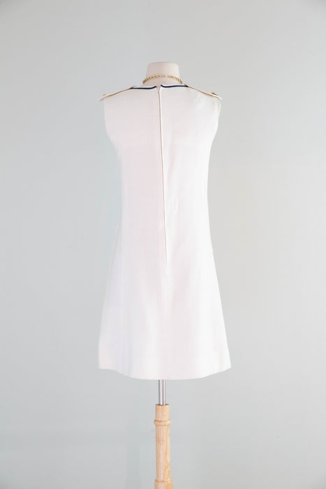 Adorable 1960's White Linen Nautical Shift Dress With Navy Trim / SM