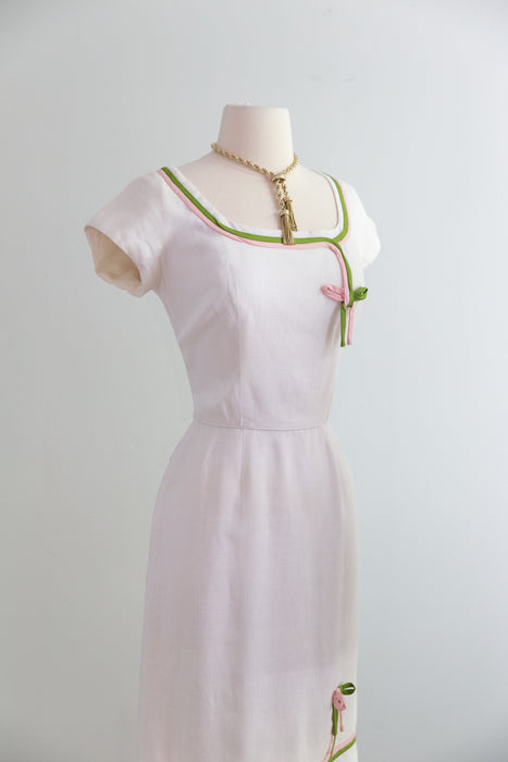 Darling Early 1960's White Dress With Pink & Green Bows By Peggy Hunt  / S