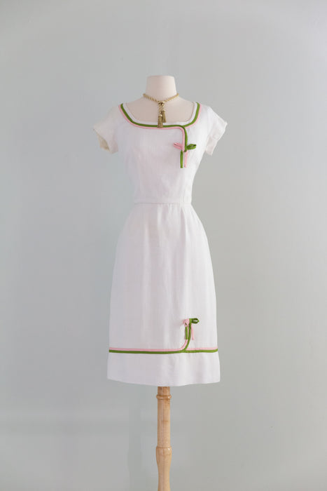 Darling Early 1960's White Dress With Pink & Green Bows By Peggy Hunt  / S
