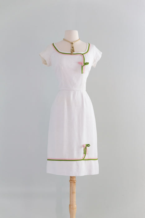 Darling Early 1960's White Dress With Pink & Green Bows By Peggy Hunt  / S
