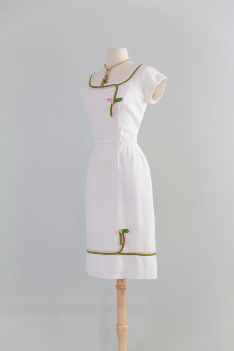 Darling Early 1960's White Dress With Pink & Green Bows By Peggy Hunt  / S