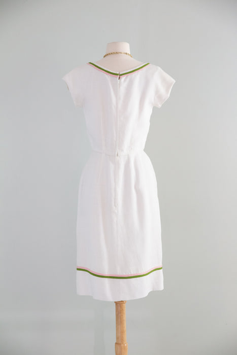 Darling Early 1960's White Dress With Pink & Green Bows By Peggy Hunt  / S