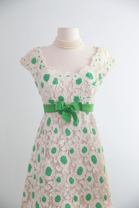 Fabulous 1960's Bob Bugnand Ivory Soutache Lace With Green Polka Dots & Bow / SM