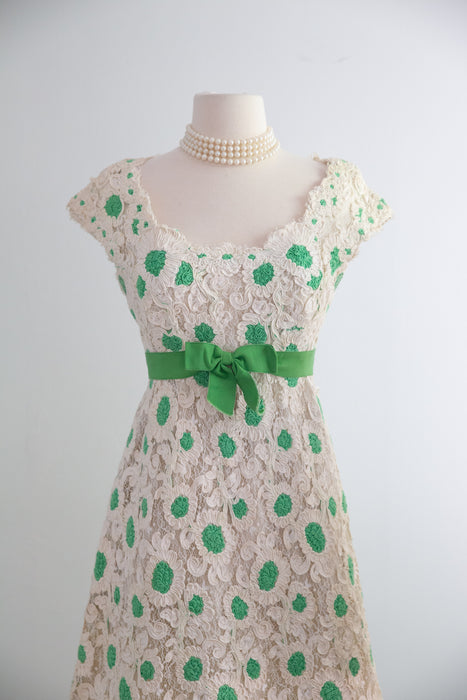 Fabulous 1960's Bob Bugnand Ivory Soutache Lace With Green Polka Dots & Bow / SM