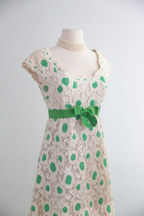 Fabulous 1960's Bob Bugnand Ivory Soutache Lace With Green Polka Dots & Bow / SM