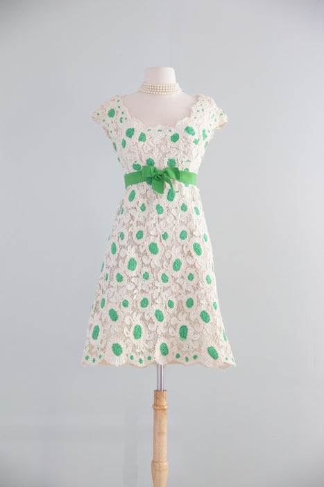 Fabulous 1960's Bob Bugnand Ivory Soutache Lace With Green Polka Dots & Bow / SM