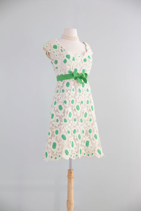 Fabulous 1960's Bob Bugnand Ivory Soutache Lace With Green Polka Dots & Bow / SM
