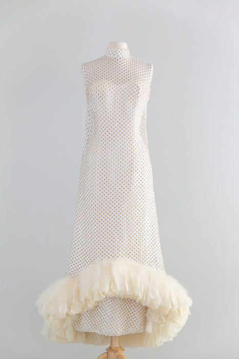 Showstopping 1960's Ivory Lattice Sequin Evening Gown With Feathers / S