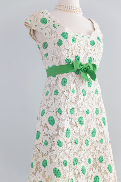 Fabulous 1960's Bob Bugnand Ivory Soutache Lace With Green Polka Dots & Bow / SM