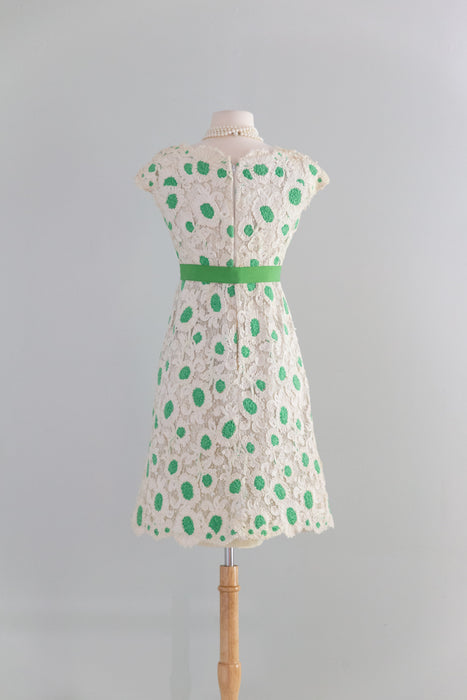 Fabulous 1960's Bob Bugnand Ivory Soutache Lace With Green Polka Dots & Bow / SM
