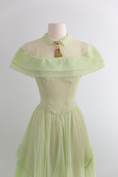 Enchanting Late 1940's Celadon Green Formal Gown With Bows / XS