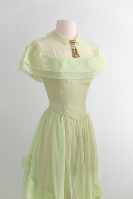 Enchanting Late 1940's Celadon Green Formal Gown With Bows / XS