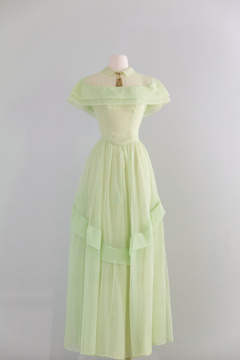 Enchanting Late 1940's Celadon Green Formal Gown With Bows / XS