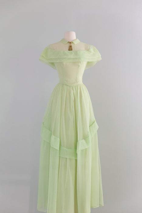 Enchanting Late 1940's Celadon Green Formal Gown With Bows / XS