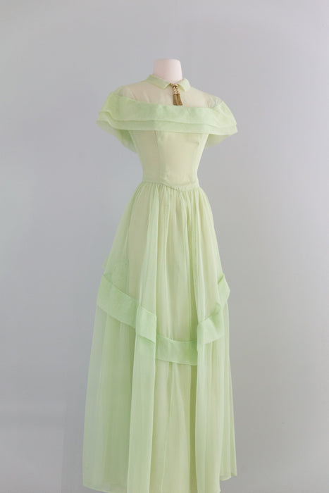 Enchanting Late 1940's Celadon Green Formal Gown With Bows / XS