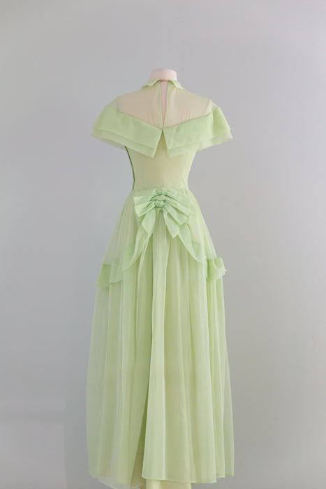 Enchanting Late 1940's Celadon Green Formal Gown With Bows / XS