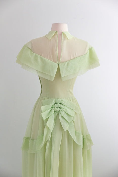 Enchanting Late 1940's Celadon Green Formal Gown With Bows / XS