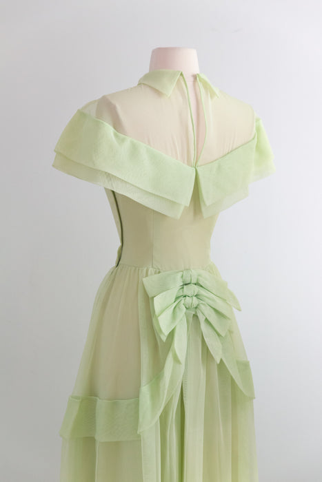 Enchanting Late 1940's Celadon Green Formal Gown With Bows / XS